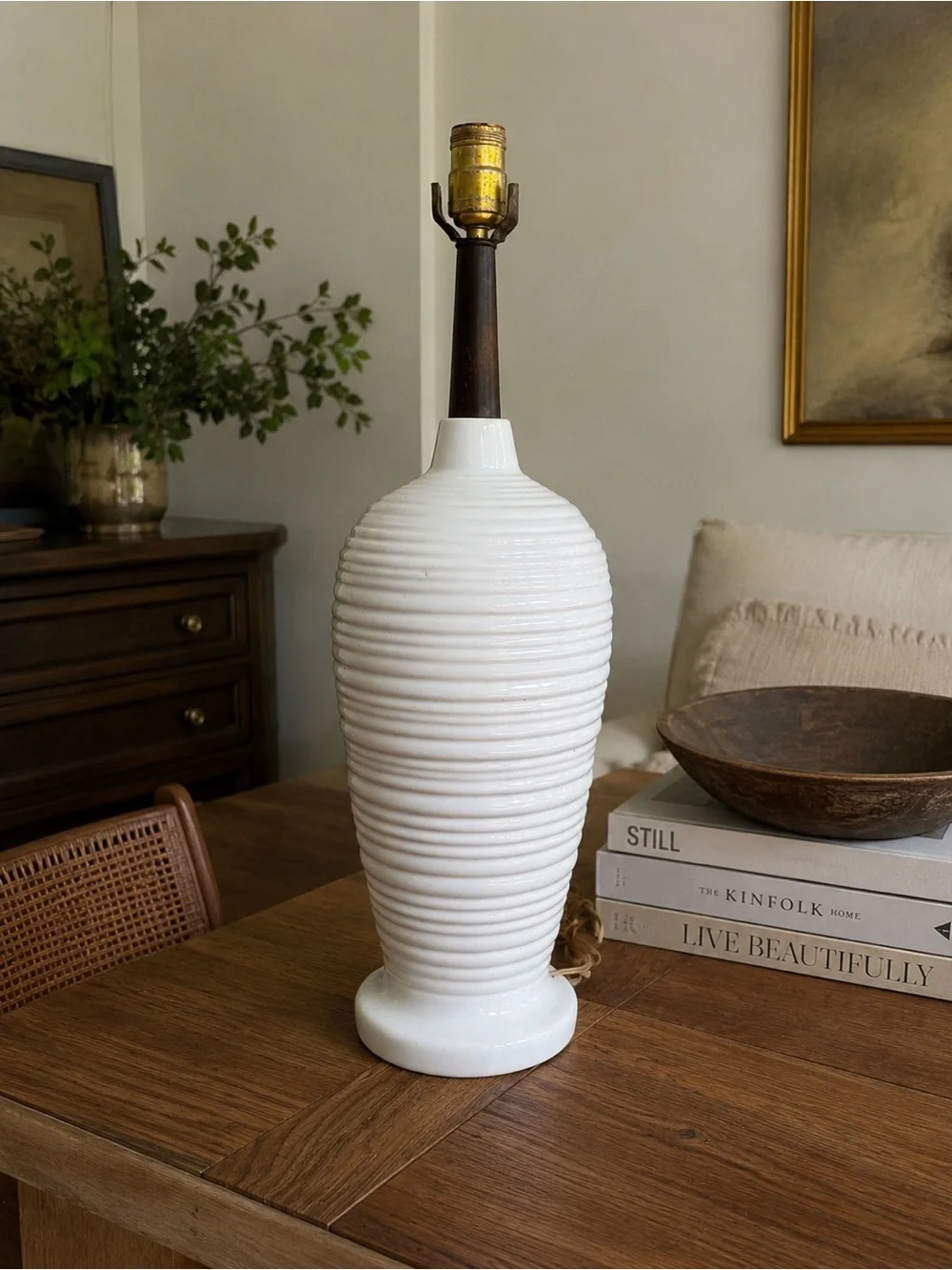 mid-century modern ribbed white glazed ceramic and walnut vase-shaped table lamp